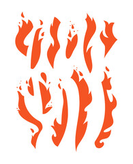Set of red tongues of flame. Collection of various forms of fire. Hand-drawn silhouettes of a blazing campfire. Vector illustration isolated on white background.