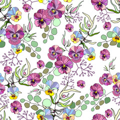 A beautiful garland of flowers, with lilac pansy flowers and a twigs. Watercolor hand drawn illustration isolated on a white background.