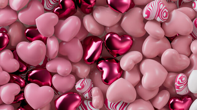 Multicolored Heart background. Valentine Wallpaper with Pink, White and Metallic love hearts. 3D Render 