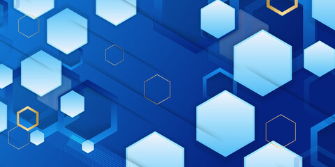 Fototapeta na wymiar Abstract dark blue technology web header banner. Vector geometric background design with gold white hexagon. Futuristic illustration