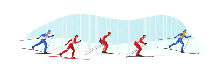 Skiers in sportswear are skiing classic style. Athletes participate in winter sports competition. The leader of pelothon tries to win a sprint race.Vector flat design web banner illustration