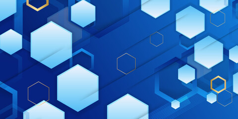 Abstract dark blue technology web header banner. Vector geometric background design with gold white hexagon. Futuristic illustration