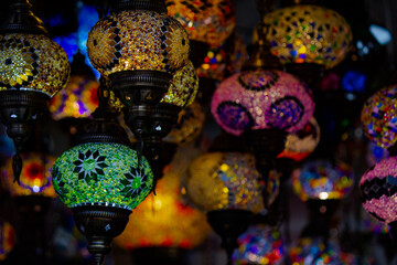 Multiple Arabic lamps at a shop in turkey