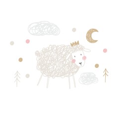 Naklejka premium Cute hand drawn sheep. Patel vector seamless pattern with cute sheep in crown
