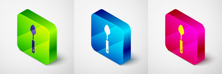 Isometric Spoon icon isolated on grey background. Cooking utensil. Cutlery sign. Square button. Vector.