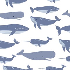 Cute wild Whale - Vector illustration. Cartoon whale, characters in scandinavian style for children. Seamless pattern with whale © NadezdaBarkova