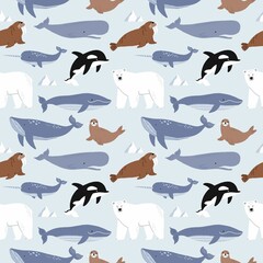 Obraz premium Vector with cute Arctic animals - Polar bear, seal, walrus, whale, fish, narwhal, albatross. Seamless pattern with Cartoon characters Arctic and antarctic animals