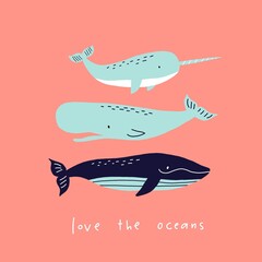 Cute wild Whale - Vector illustration. Cartoon whale, characters in scandinavian style for children. Lettering - love the oceans © NadezdaBarkova