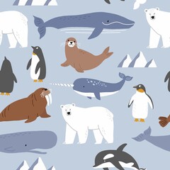 Vector with cute Arctic animals - Polar bear, seal, walrus, whale, fish, narwhal, albatross.  Seamless pattern with Cartoon characters Arctic and antarctic animals