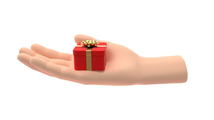A hand holding a small red gift with a gold ribbon. Business concept. 3D Render