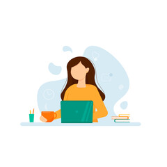 A woman studies whether she works online. A woman sits at a table with a laptop. Work or study from home, vector flat illustration