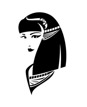 beautiful young queen or princess head - ancient Egyptian beauty Cleopatra black and white vector portrait