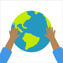 
postcard, drawing, hands paneta earth, ecology, on a white background