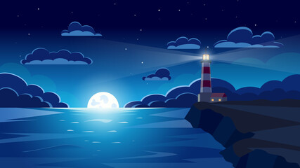 Lighthouse on seashore, night, night sky. Vector illustration
