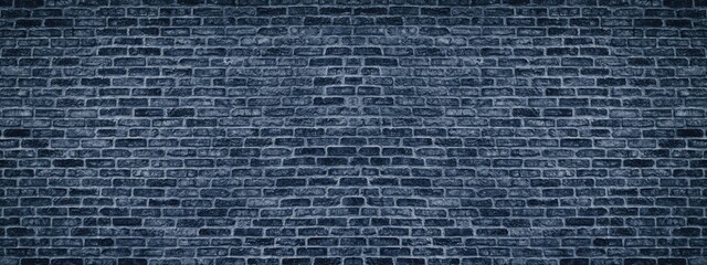 Navy blue brick wall wide texture. Indigo masonry large long background. Gloomy dark color...