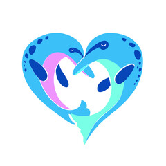 Heart shaped jumping dolphins on white background
