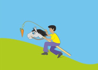 Man riding on hobby horse, dangling a carrot. Vector illustration. EPS10.