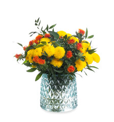 Vase with bouquet of beautiful aster flowers on white background