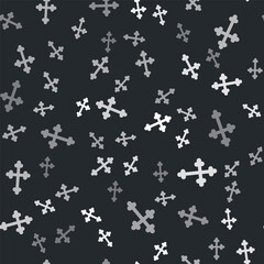 Grey Christian cross icon isolated seamless pattern on black background. Church cross. Vector.