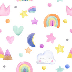 Cute cartoon fairy nature with  rainbow watercolor seamless pattern. 