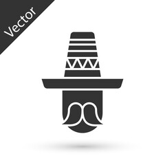 Grey Mexican man wearing sombrero icon isolated on white background. Hispanic man with a mustache. Vector.