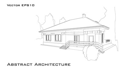 Architectural background with sketch of the house. Perspective view of the cottage. Black and white vector illustration.