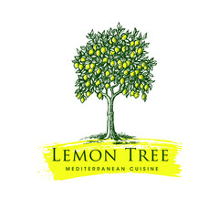 Lemon Tree Mediterranean Cuisine Organic Handmade Sign Concept. Fresh Local Farm Lemonade Fruit Craft Illustration