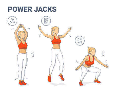 Power Jacks Exercise Female Home Workout Guidance. Power Jumps illustration a young woman in sportswear does the Fitness