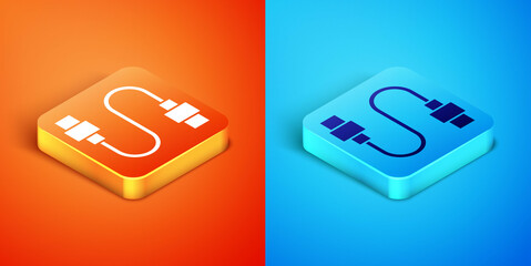 Isometric USB cable cord icon isolated on orange and blue background. Connectors and sockets for PC and mobile devices. Vector.
