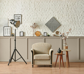 Modern home concept, brown and white brick wall, poster frame lamp wooden chair home style.