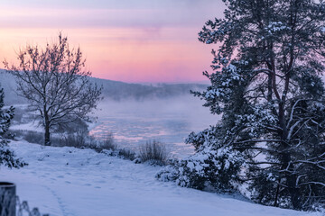 Amazing sunrise by the river Nemunas, following extreme low temperatures (-27C)