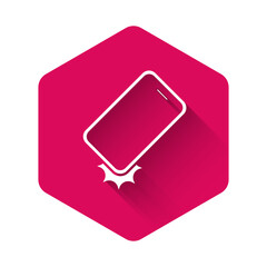 White Shockproof mobile phone icon isolated with long shadow background. Pink hexagon button. Vector.