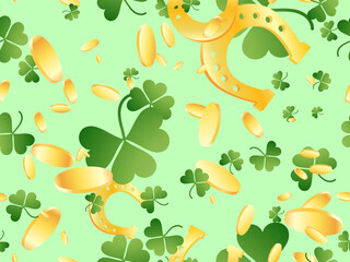 Gold coins and clover with golden horseshoes seamless pattern for St. Patrick's Day. Festive background for advertising products, postcards and printing. Vector illustration
