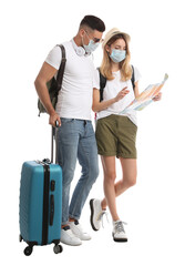 Couple in face masks with map on white background. Summer travel