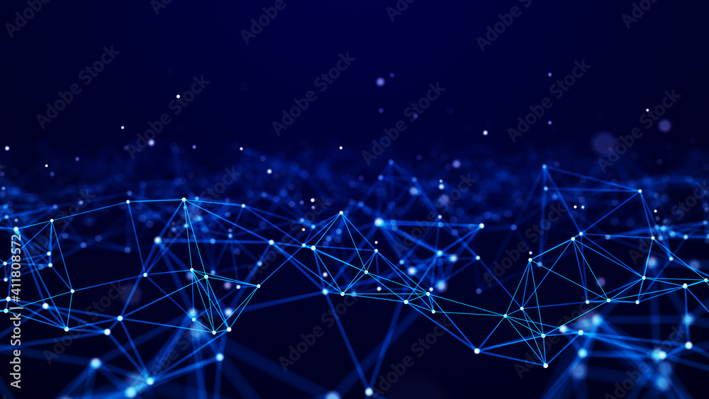 Poster Corrupted network or connection. Abstract digital background of points and lines. Glowing plexus. Big data. Abstract technology science background. 3d rendering