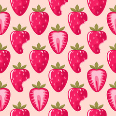 Patterns of juicy strawberries, whole and cut. suitable for gift paper, fruit design. Festive poster, greeting banner, clothing print. Childrens background. vector