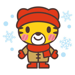 かわいいトラのキャラクターと雪