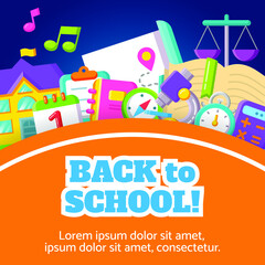 Back to school sale banner design template with colorful school supplies and sale text for shopping discount promotion. Vector illustration