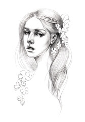 young beautiful girl with flowers in her hair cute blonde graphics pencil drawing