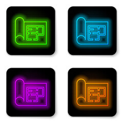Glowing neon line House plan icon isolated on white background. Black square button. Vector.
