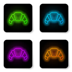 Glowing neon line Croissant icon isolated on white background. Black square button. Vector.