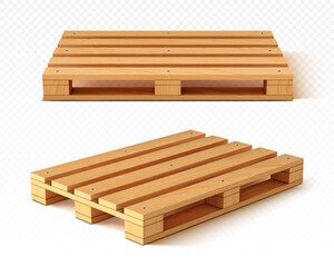Wooden pallet front and angle view. Wood trays for cargo loading and transportation. Freight delivery, warehousing service equipment isolated on transparent background Realistic 3d vector illustration - obrazy, fototapety, plakaty