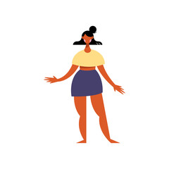 young woman wearing blue skirt character