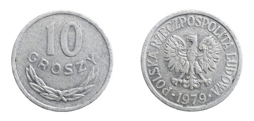 Polish ten groszy coin on a white isolated background