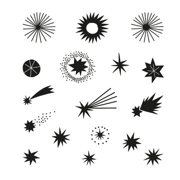 Star and comet black and white vector clip art set. Cosmic starry design isolated elements. Abstract geometric space clip-art. Celestial doodle and paper cut shapes collection for kid and baby