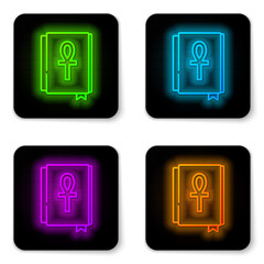 Glowing neon line Cross ankh book icon isolated on white background. Black square button. Vector.