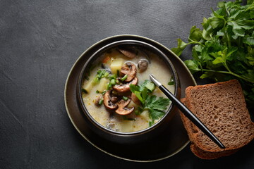 A bowl of Mushroom Cream Soup with fried champignons and fresh parsley. Winter, autumn hot soup concept