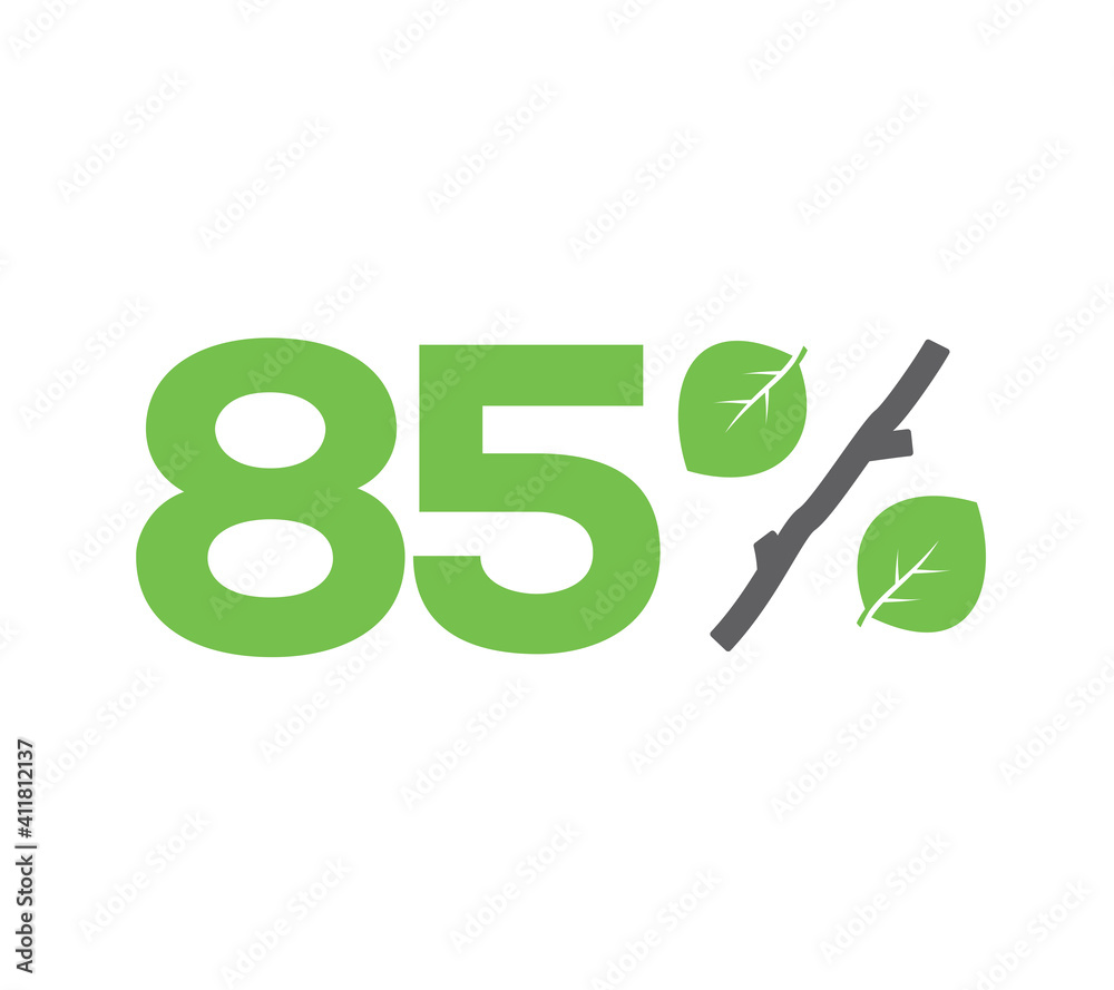 Sticker Vector green 85% text designed with leaves and a stick (branch) percent icon isolated on white background. For spring sale campaigns. 