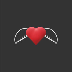 Big realistic red heart with white line art wings on matte black background. Beautiful design. Template for Valentine’s day. For greeting card, banner