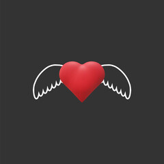 Big realistic red heart with white line art wings on matte black background. Beautiful design. Template for Valentine&rsquo;s day. For greeting card, banner